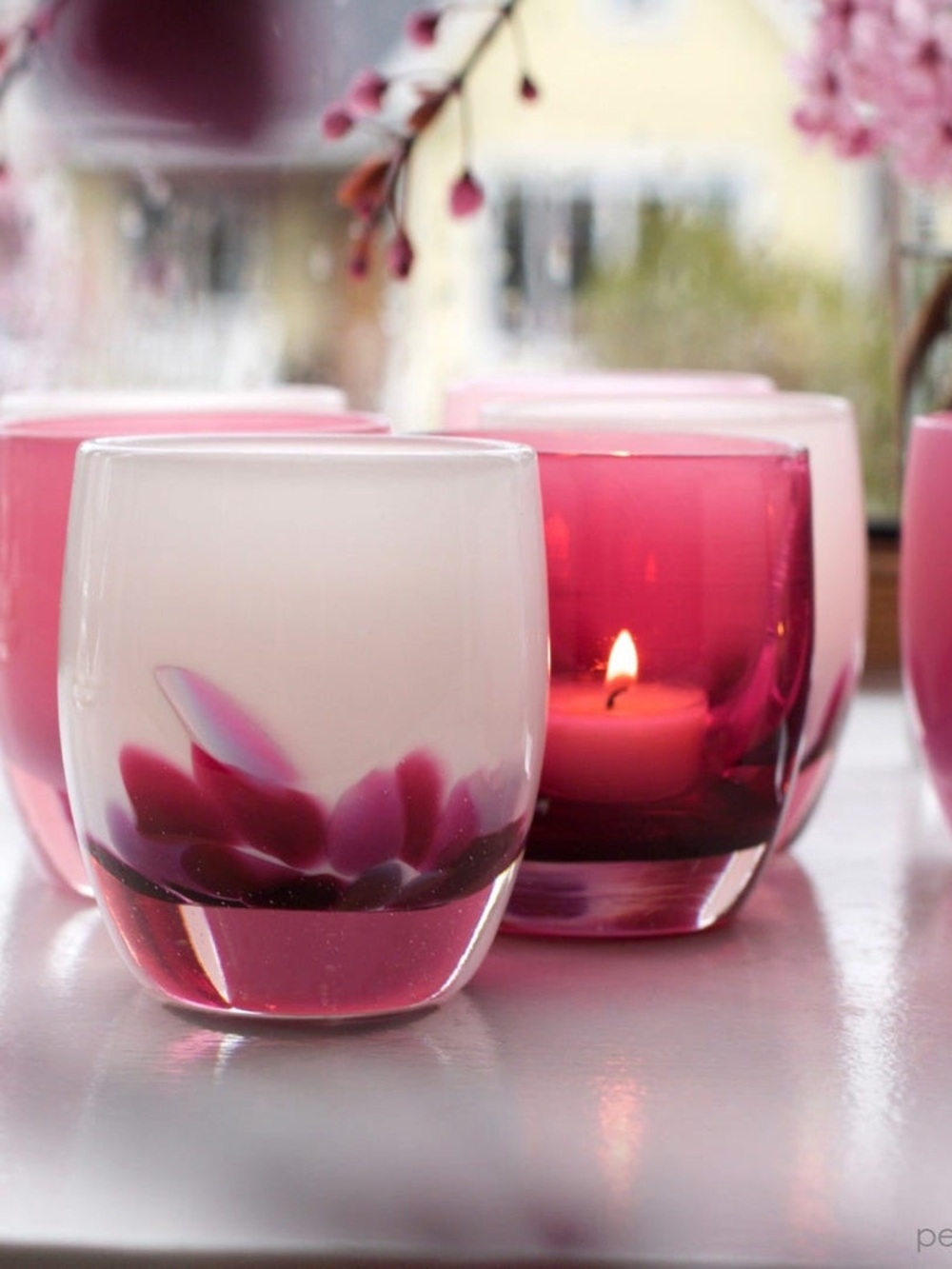 GLASSYBABY Petal Pink Glass Votive Candle Holder Glass Home Decor Pink White
